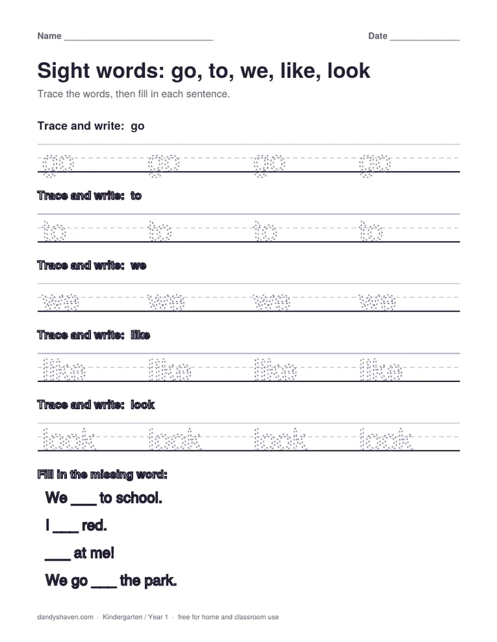 Sight words: go, to, we, like, look worksheet preview