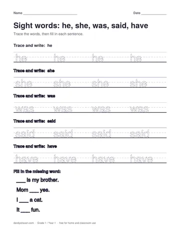 Sight words: he, she, was, said, have worksheet preview