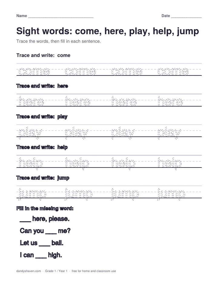 Sight words: come, here, play, help, jump worksheet preview