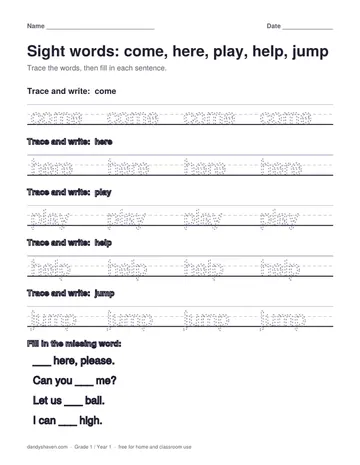 Sight words: come, here, play, help, jump worksheet preview
