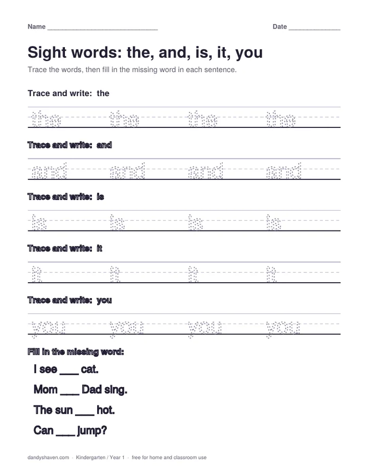 Sight words: the, and, is, it, you worksheet preview
