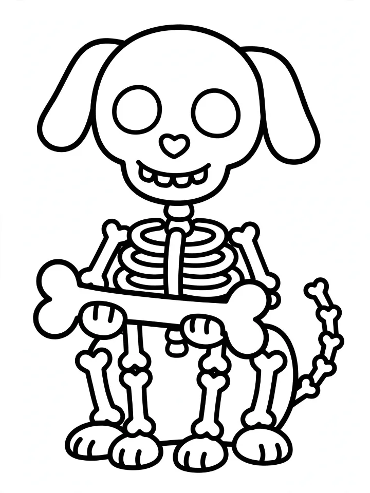 Skeleton dog with a bone coloring page