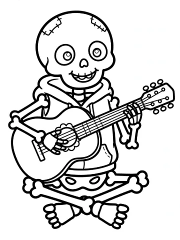 Skeleton playing guitar coloring page