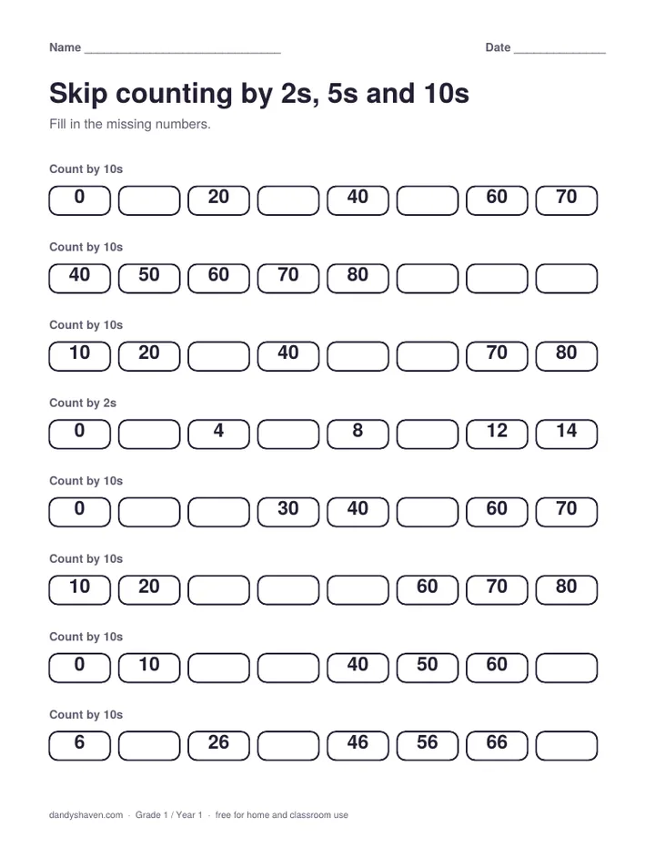 Skip counting by 2s, 5s and 10s worksheet preview