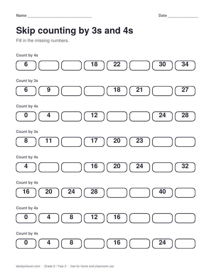 Skip counting by 3s and 4s worksheet preview