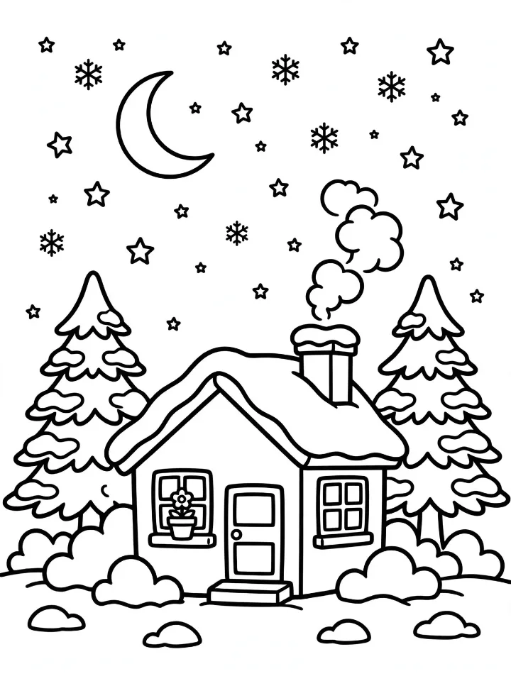 Snowy night with a little house coloring page