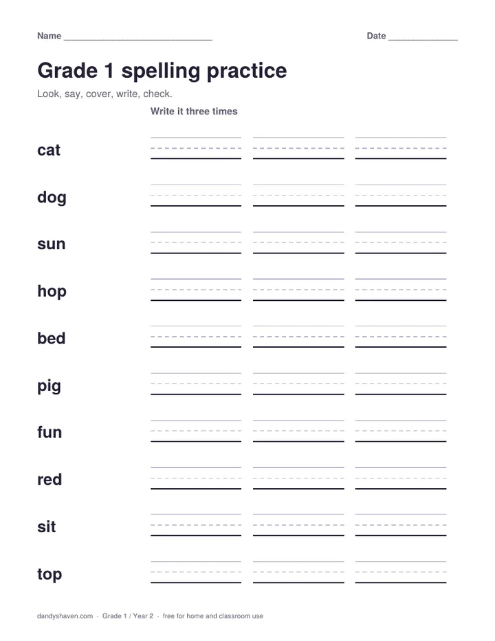 Grade 1 spelling practice worksheet preview