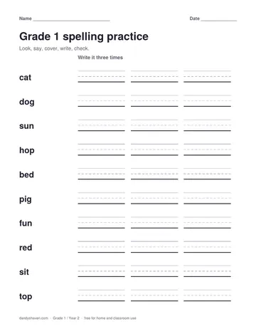 Grade 1 spelling practice worksheet preview