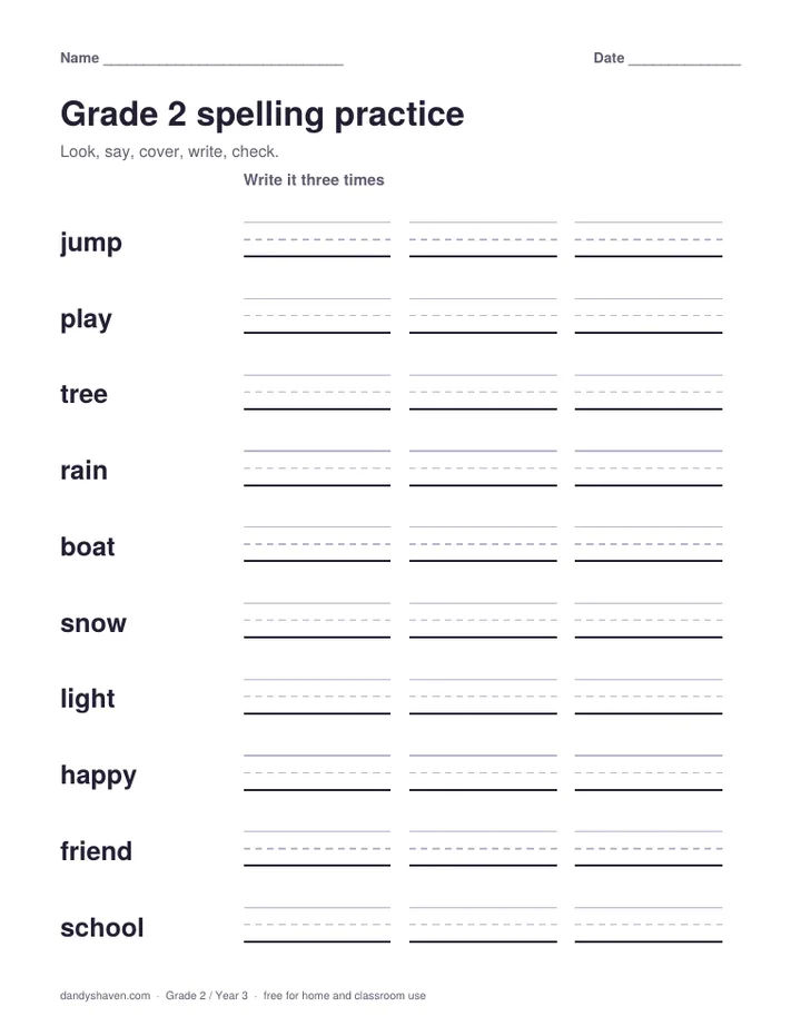 Grade 2 spelling practice worksheet preview