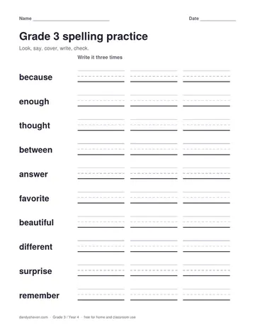Grade 3 spelling practice worksheet preview