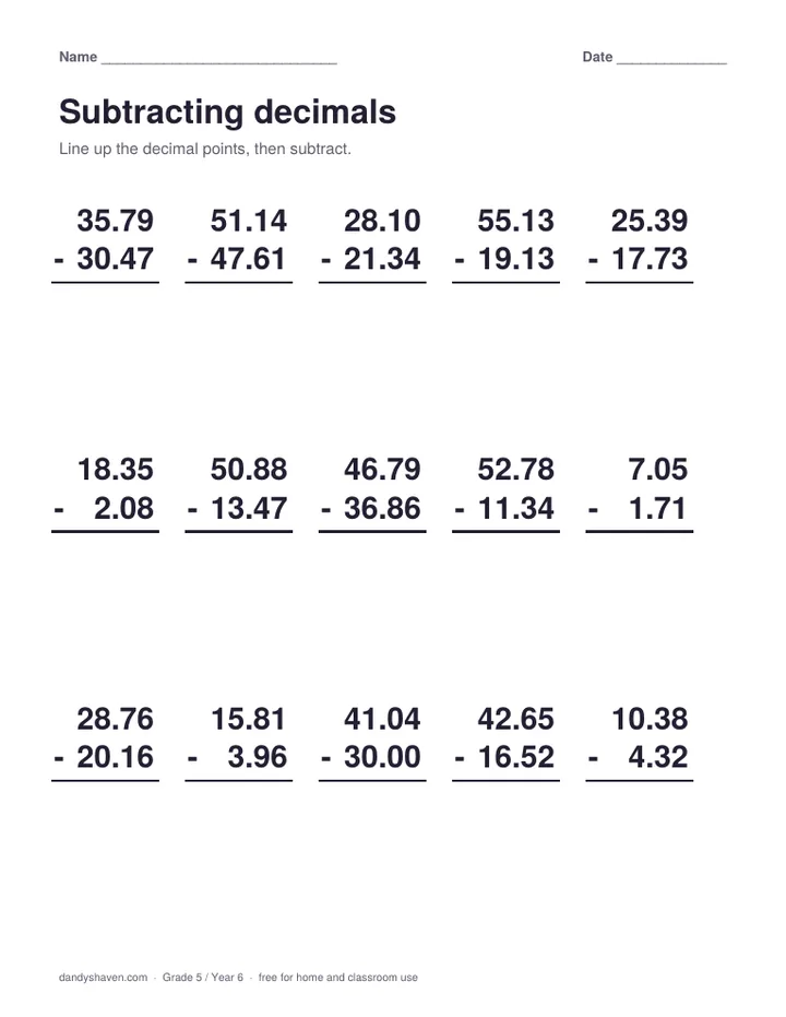 Subtracting decimals worksheet preview