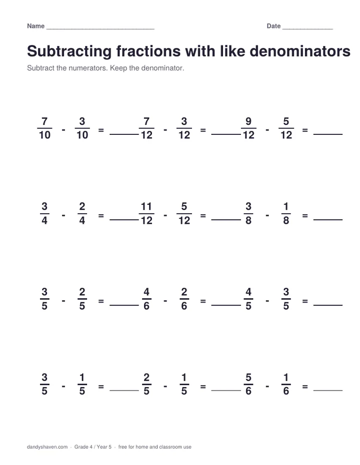 Subtracting fractions with like denominators worksheet preview