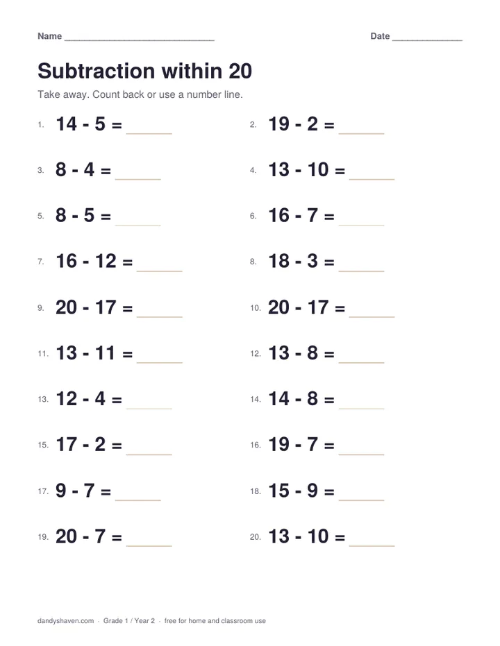 Subtraction within 20 worksheet preview