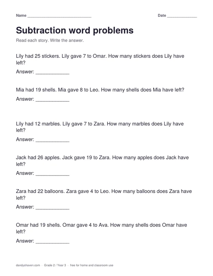 Subtraction word problems worksheet preview