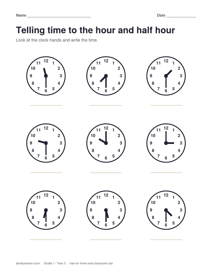 Telling time to the hour and half hour worksheet preview