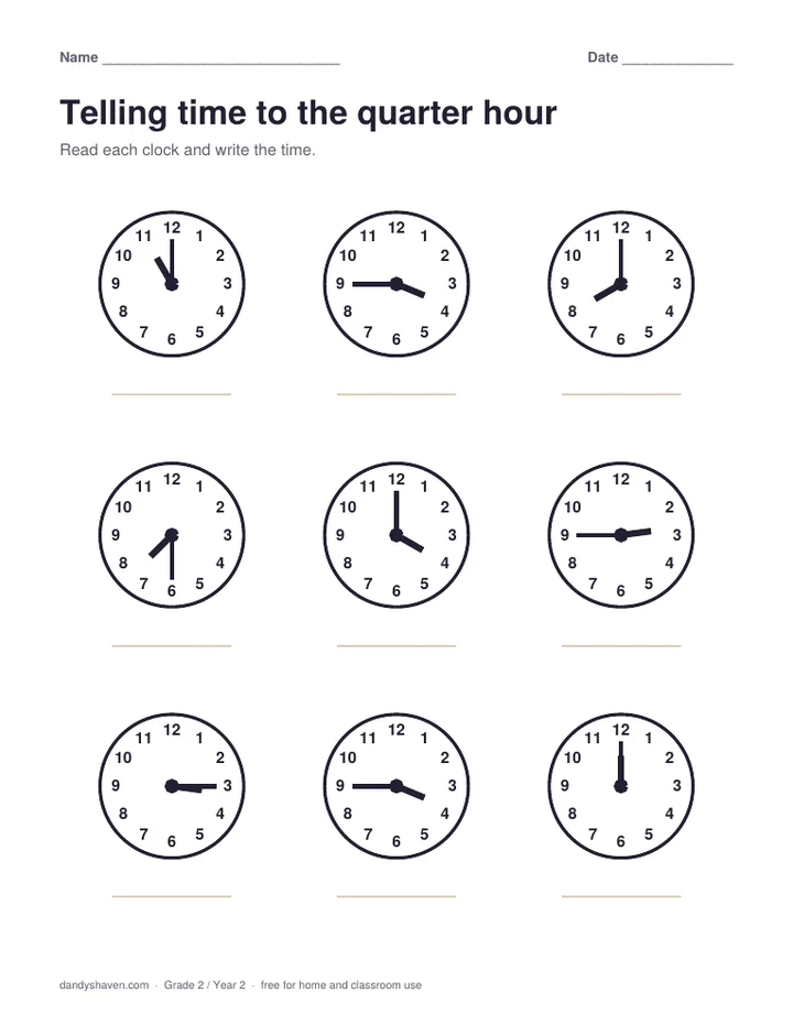 Telling time to the quarter hour worksheet preview