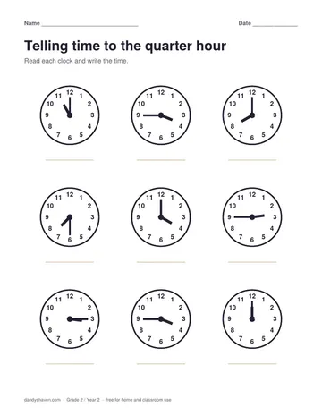 Telling time to the quarter hour worksheet preview