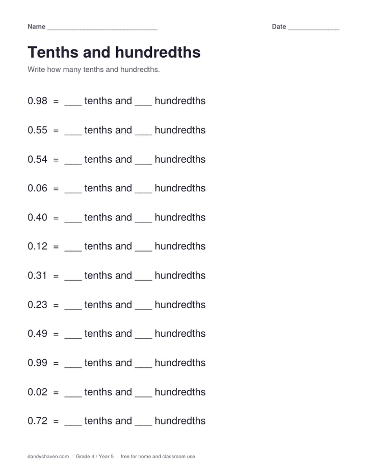 Tenths and hundredths worksheet preview
