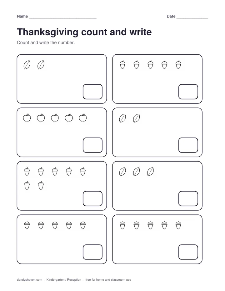 Thanksgiving count and write worksheet preview