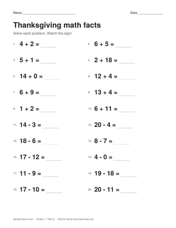 Thanksgiving math facts worksheet preview