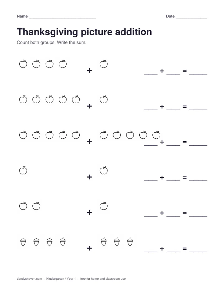 Thanksgiving picture addition worksheet preview