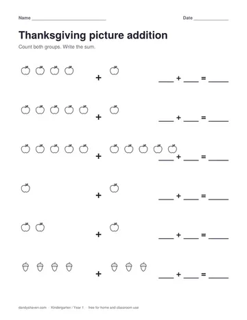 Thanksgiving picture addition worksheet preview