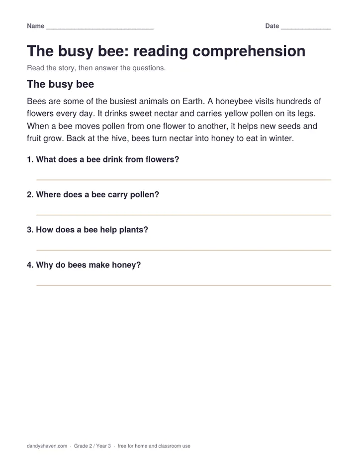 The busy bee: reading comprehension worksheet preview