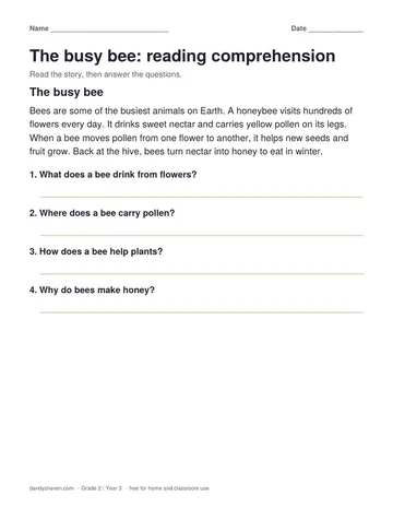 The busy bee: reading comprehension worksheet preview