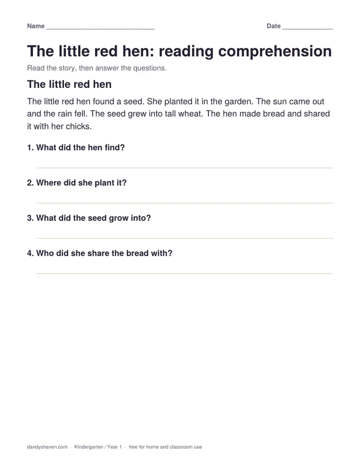 The little red hen: reading comprehension worksheet preview