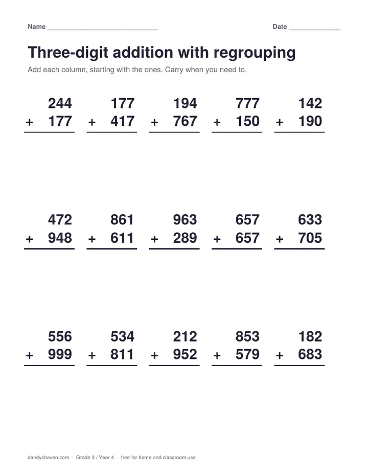 Three-digit addition with regrouping worksheet preview