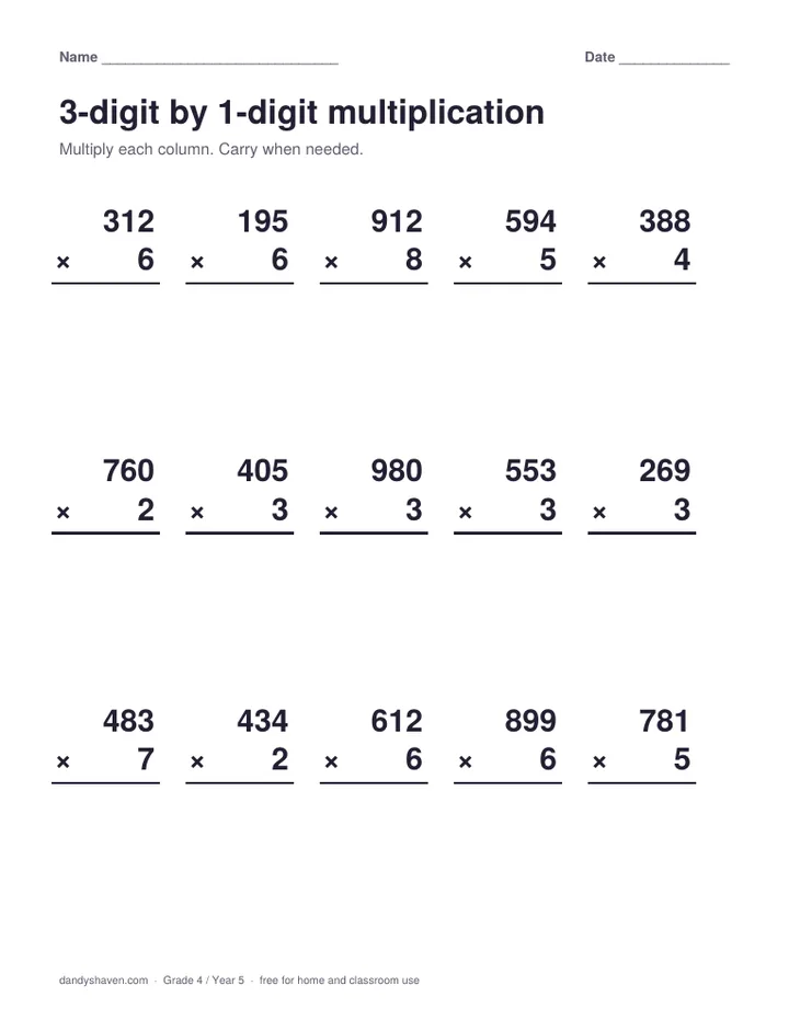 3-digit by 1-digit multiplication worksheet preview