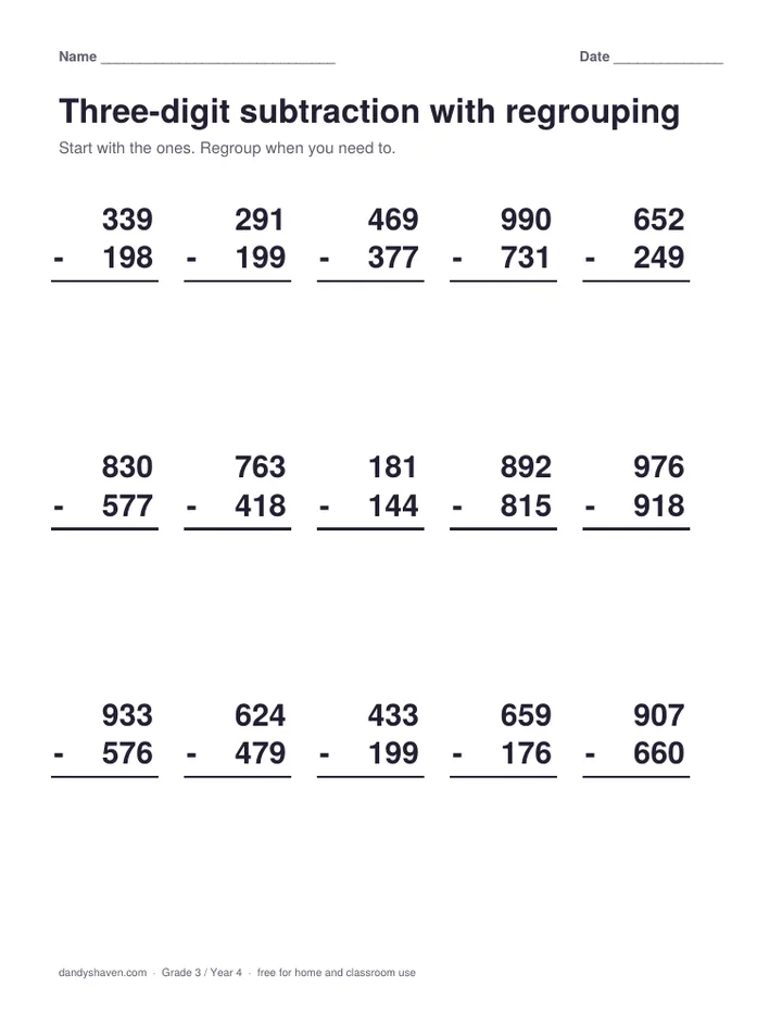 Three-digit subtraction with regrouping worksheet preview