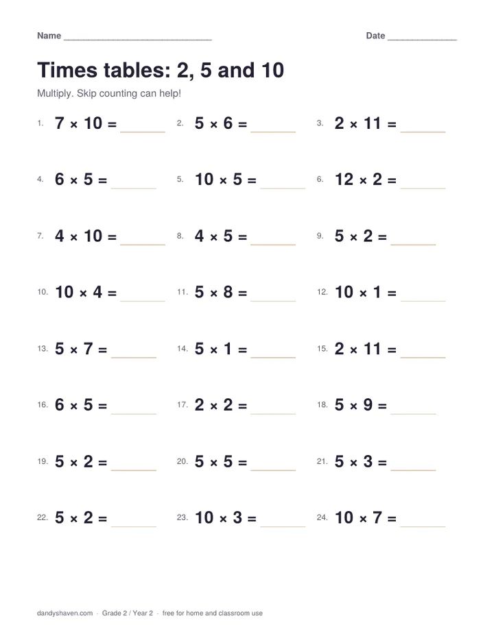 Times tables: 2, 5 and 10 worksheet preview
