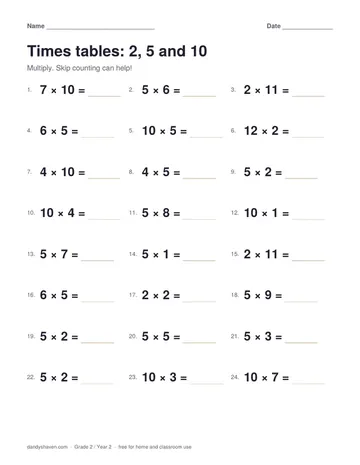 Times tables: 2, 5 and 10 worksheet preview