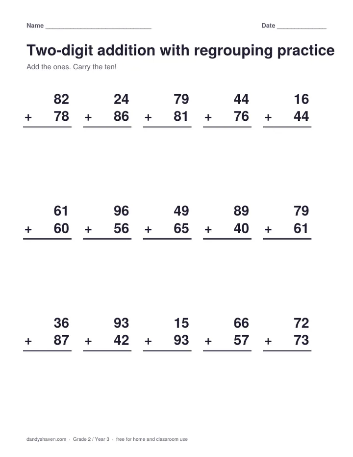 Two-digit addition with regrouping practice worksheet preview