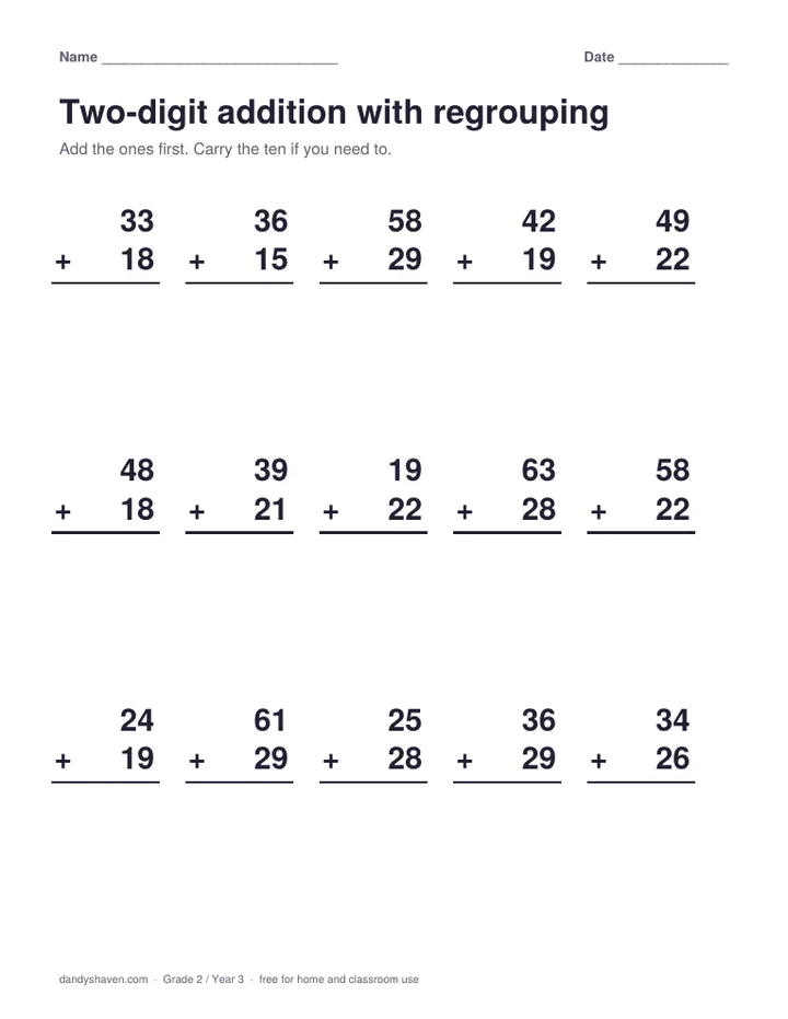 Two-digit addition with regrouping worksheet preview