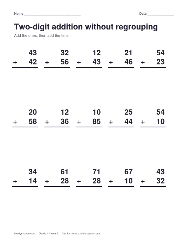 Two-digit addition without regrouping worksheet preview