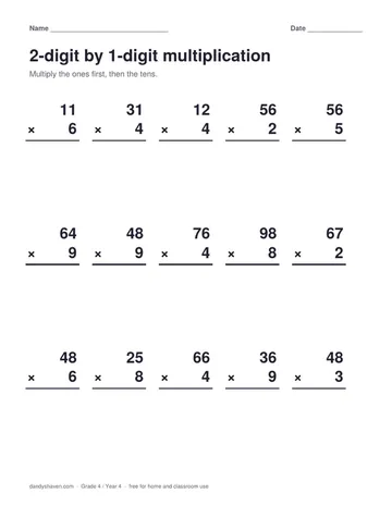 2-digit by 1-digit multiplication worksheet preview