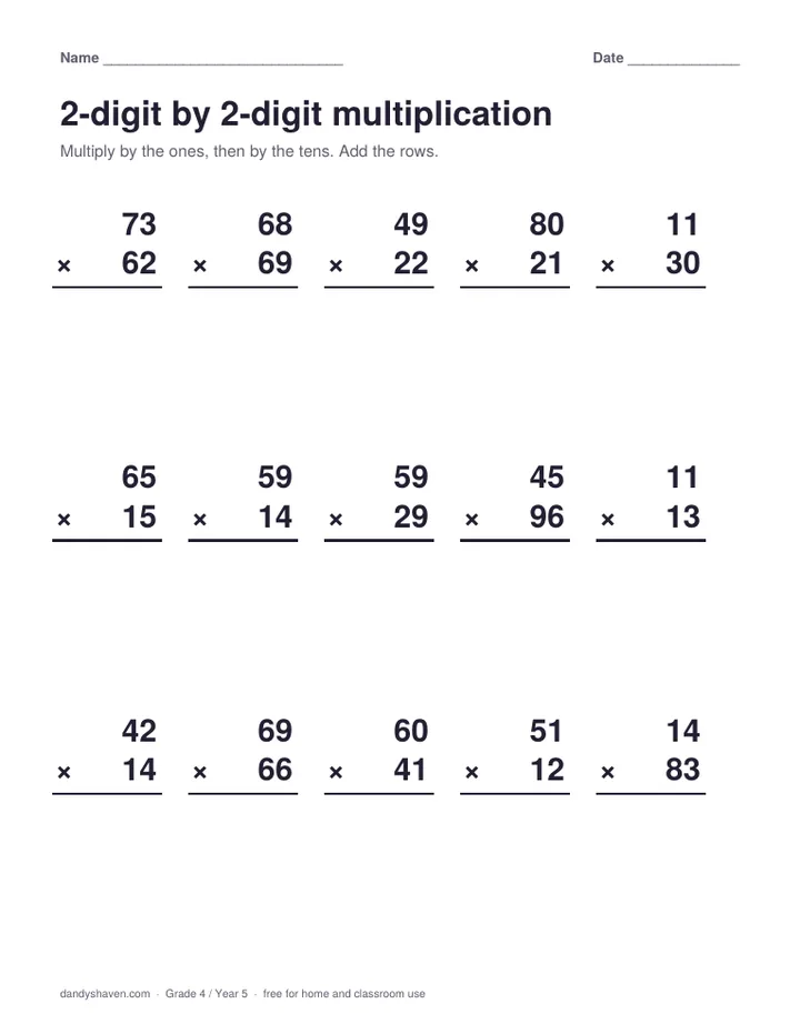 2-digit by 2-digit multiplication worksheet preview