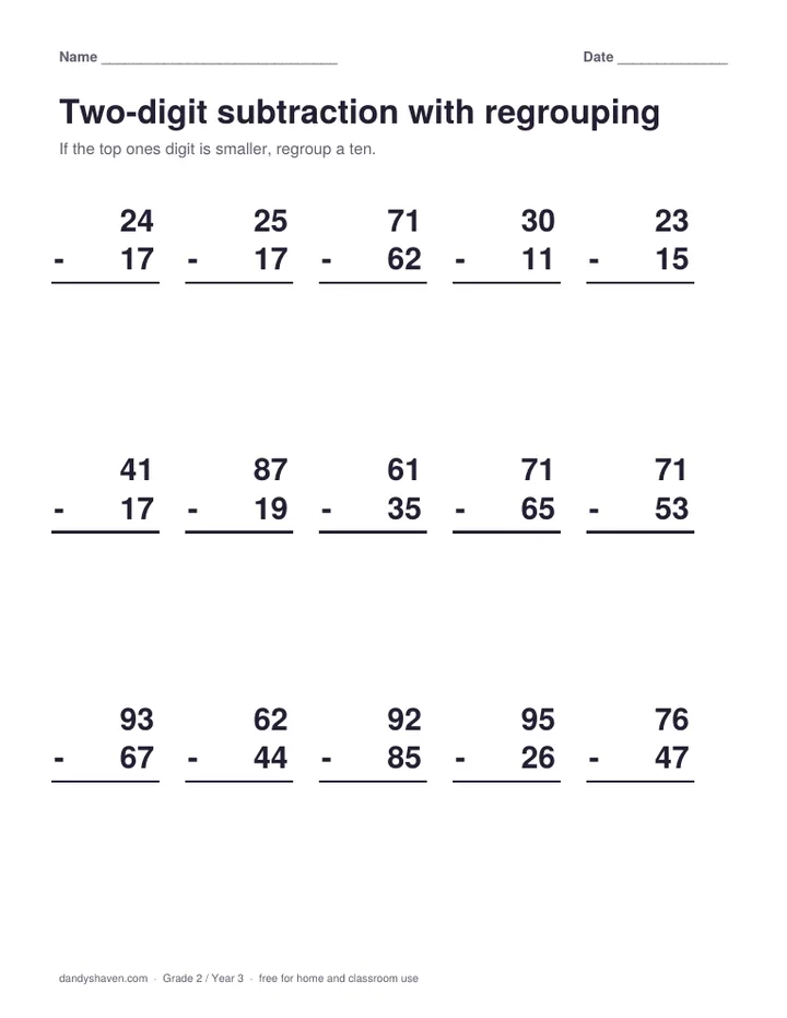 Two-digit subtraction with regrouping worksheet preview