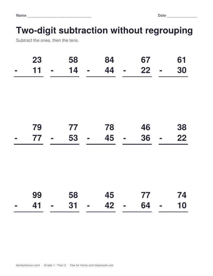 Two-digit subtraction without regrouping worksheet preview