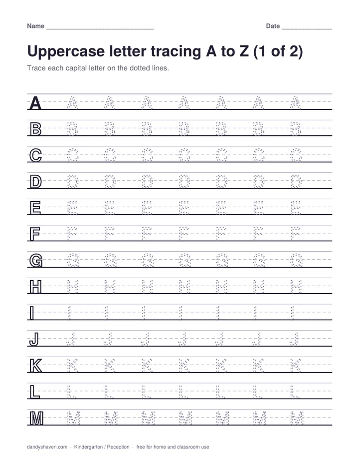 Uppercase letter tracing A to Z worksheet preview