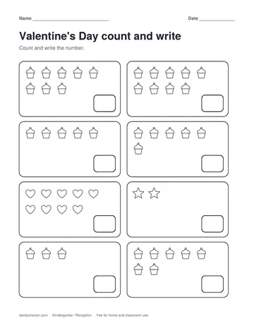 Valentine's Day count and write worksheet preview