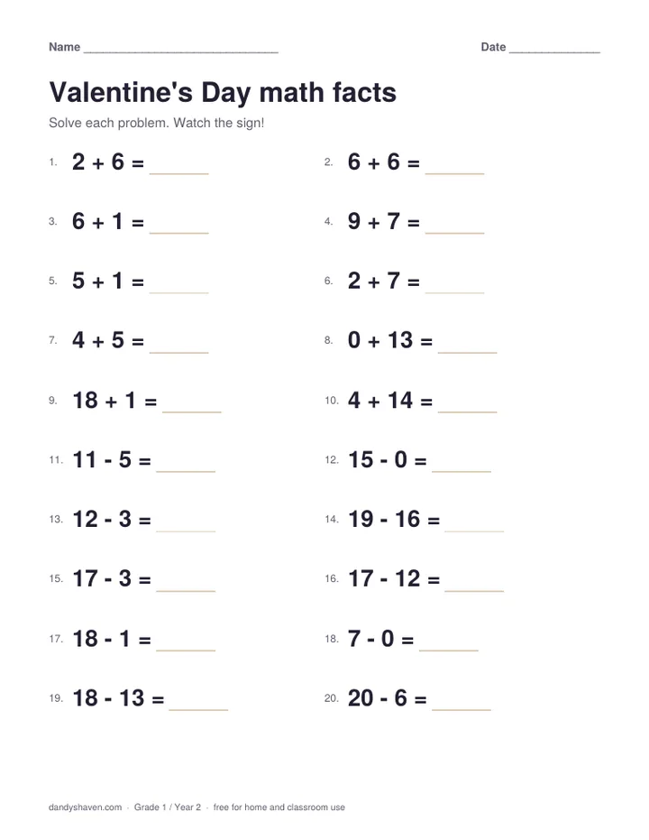 Valentine's Day math facts worksheet preview