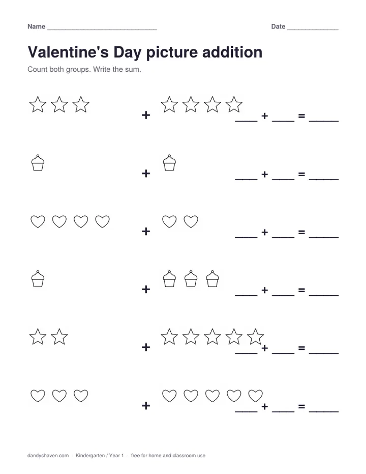 Valentine's Day picture addition worksheet preview