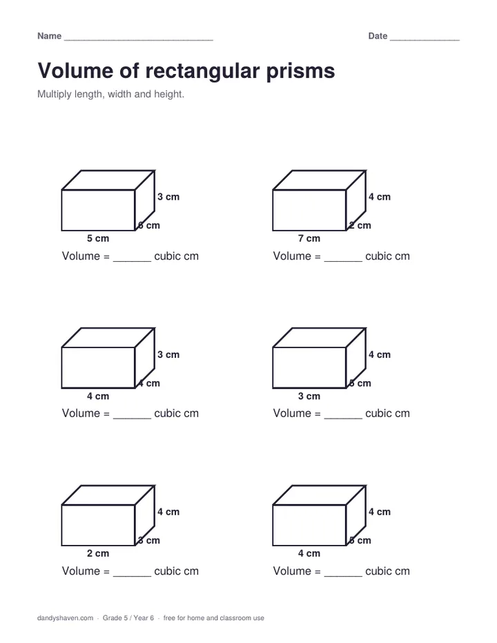 Volume of rectangular prisms worksheet preview