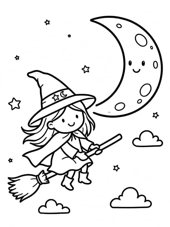 Witch flying past the moon coloring page