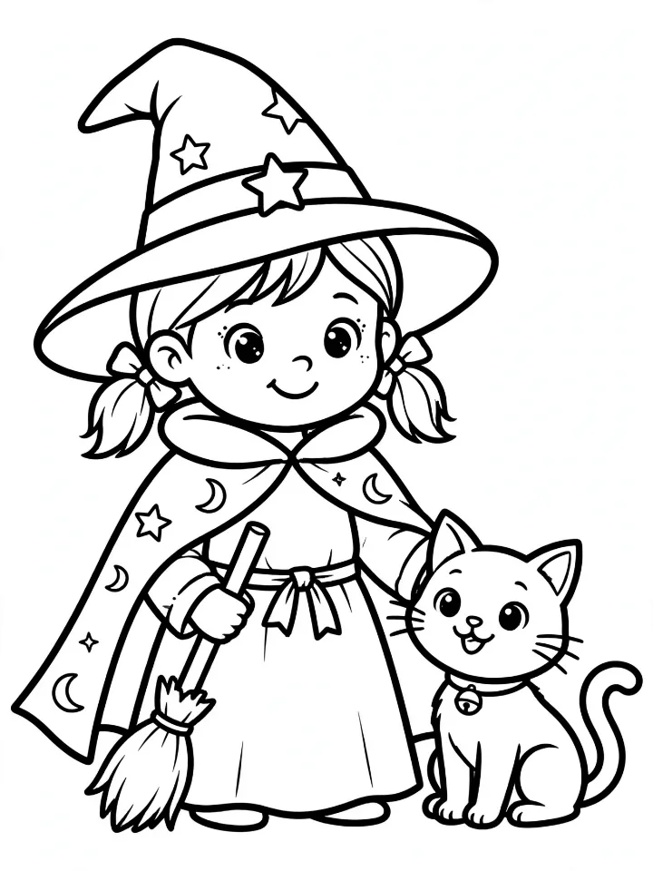 Witch with a black cat coloring page